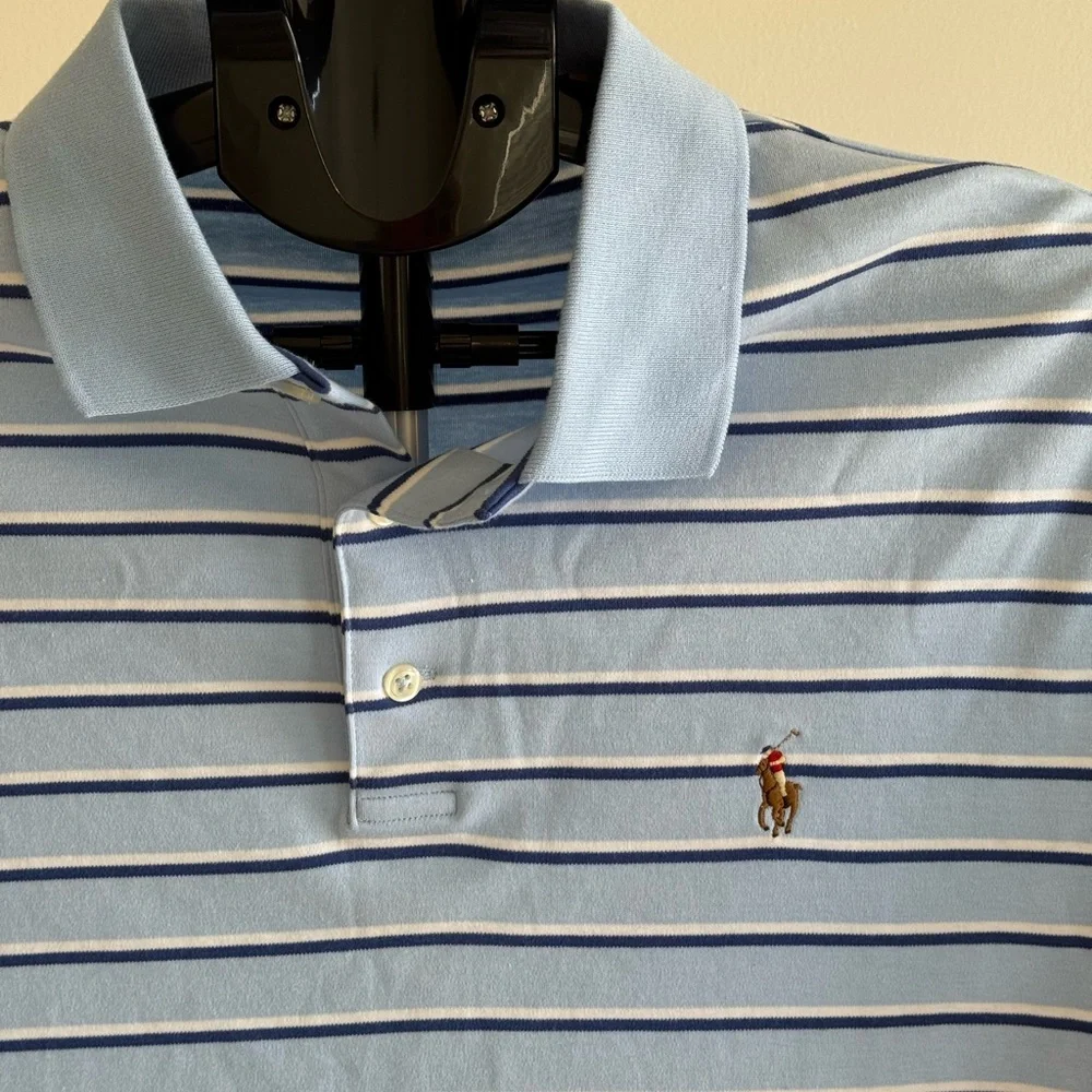 Polo Ralph Lauren classic fit soft Light Blue Striped polo shirt men’s medium - Picture 5 of 7